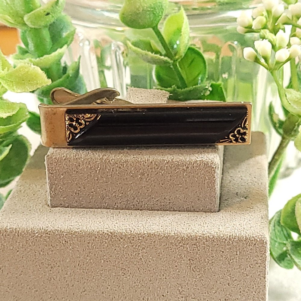 Vintage Black Tie Clip Gold Tone Floral Corner Detail Men's Formal